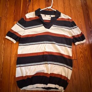 100% Cotton Striped Knit Polo Shirt S | Retro Brown Cream Stripe V Neck Collared